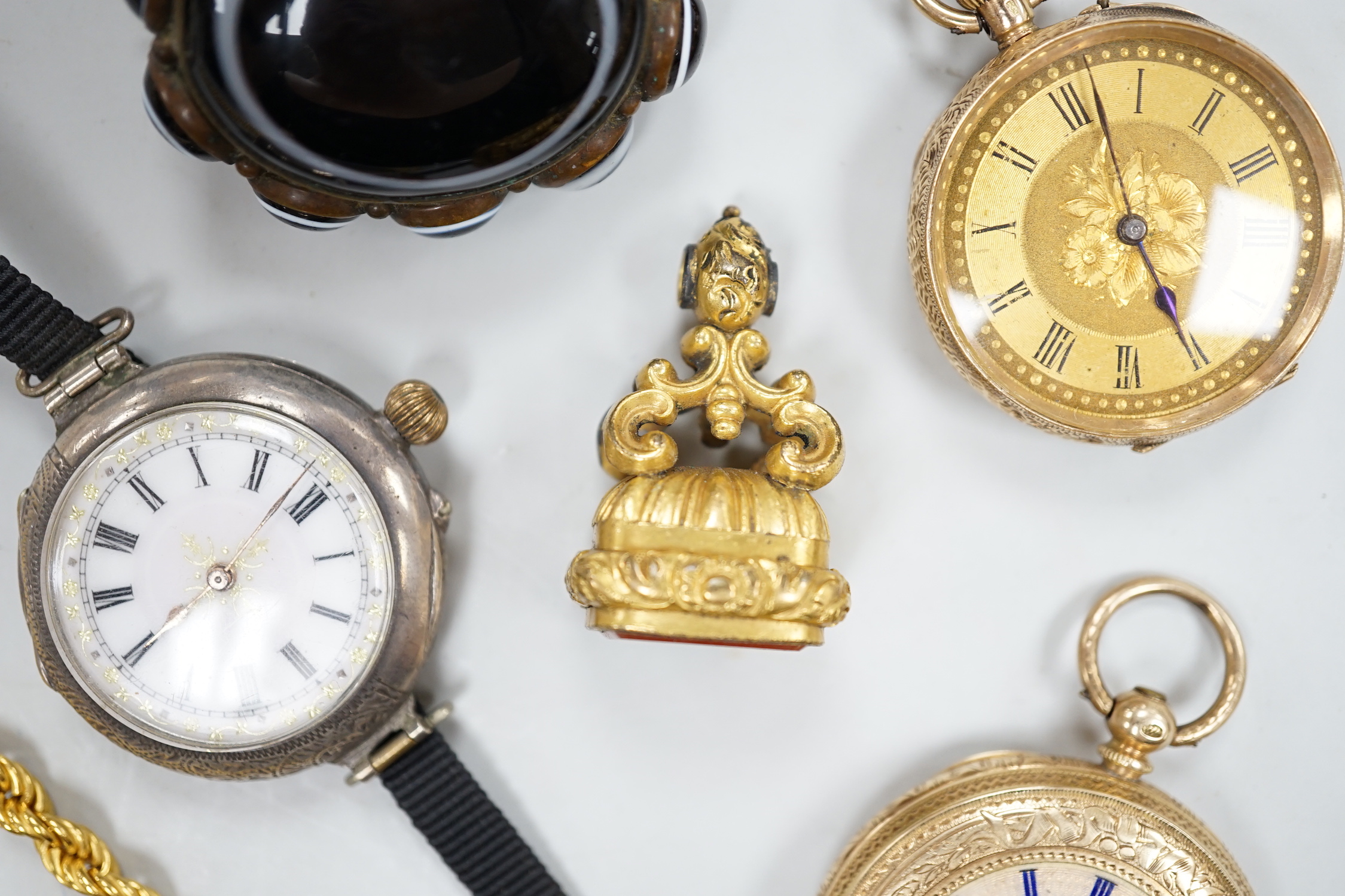 A modern 9ct gold rope twist chain, 39.5cm, 7.8 grams, two 14k fob watches, one with enamelled chapter ring, a silver wrist watch, agate brooch and a gilt metal fob seal.